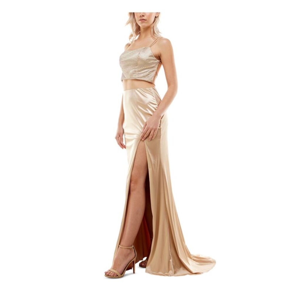 B DARLIN Womens Gown Full-Length Dress Gold Sleeveless Formal Mesh Juniors 5\6 - Picture 3 of 3